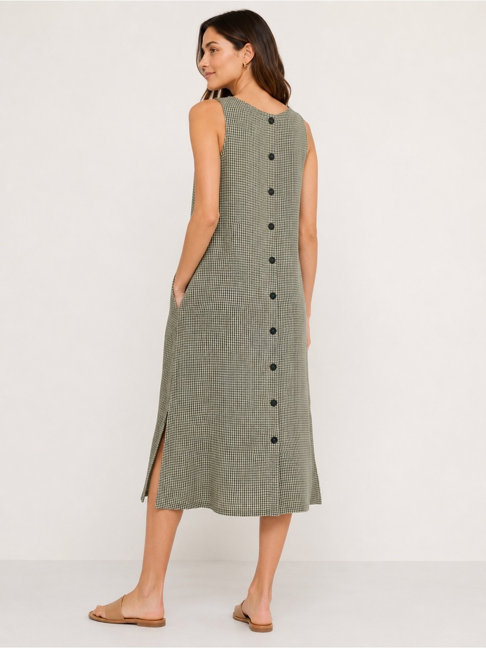 Max Studio Linen Blend Olive Gingham Button Front Midi Dress Size 2P Petite